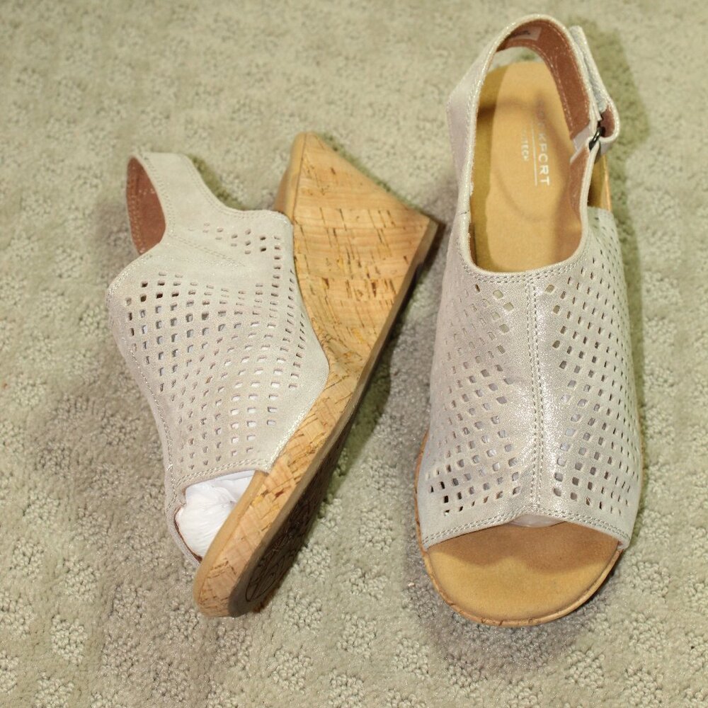 Rockport Briah Wm Sz 8 Taupe Grey Perforated Peep Toe Slingback Cork Wedge Heels